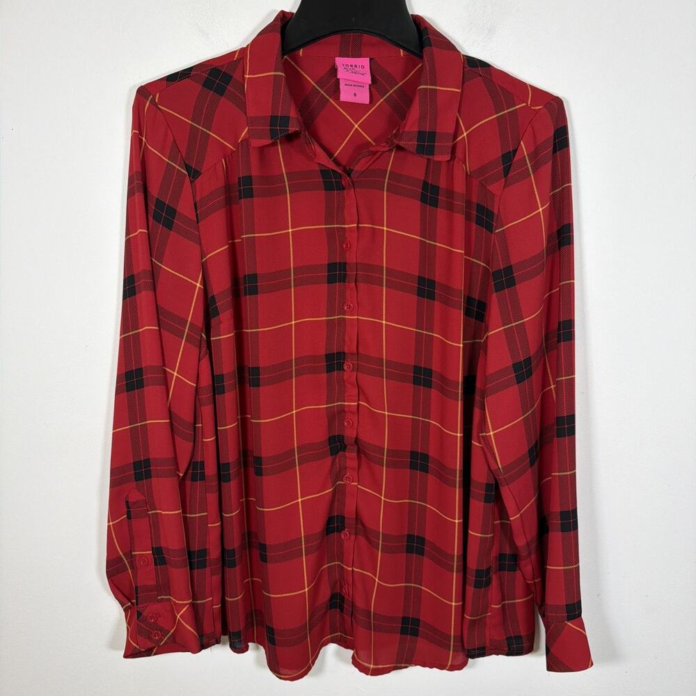 Torrid x‎ Betsy Johnson Red Plaid Button Down Top Shirt Size 0 Large Holiday - Picture 2 of 9